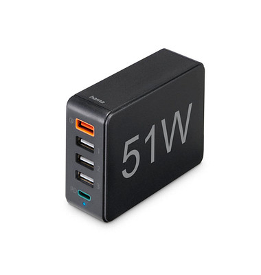 hama 5in1 USB-Ladestation schwarz 1,2 m, 51 Watt