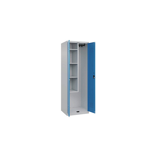 4067521356913 - Putzmittelspind Classic PLUS 1 Abteil Trennwand mittig verkürzt lichtgrau   lichtblau B 600 mm mit Bodengleitern Drehriegel C+P