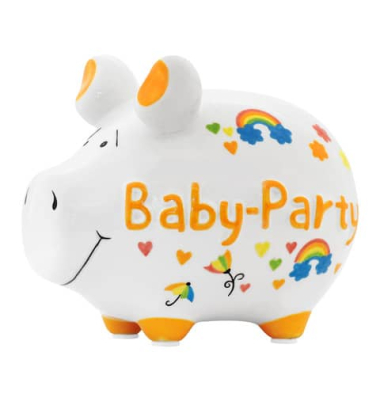 Spardose Schwein (klein) 101876 , "unte Herzen/Regenbogen/Schriftzug Babyparty"