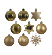 Christbaumkugeln Mix 023921, Kugeln / Sterne / Schneeflocken, gold (matt/gl&auml;nzend/glitzer/geriffelt), Kunststoff