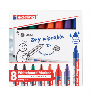 Boardmarker-Set 363, 4-363-8-S2999, Etui, rot, blau, gr&uuml;n, schwarz 2x, orange, braun, violett, 1-5mm Keilspitze