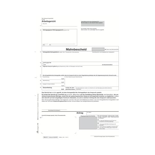 4002871070331 - Vordruck für den Mahn- und Vollstreckungsbescheid Arbeitsgericht V