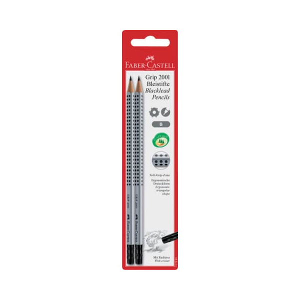 5 Stück Faber-Castell Bleistift-Set GRIP 2001, 117291, Härte B, silbergrau, mit Radiergummi 4005401172918 Faber-Castell