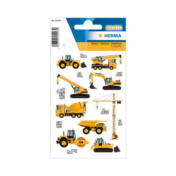 10 x HERMA Schmucketikett MAGIC Baustellen Fahrzeuge Transpuffy 1 Bl 1
