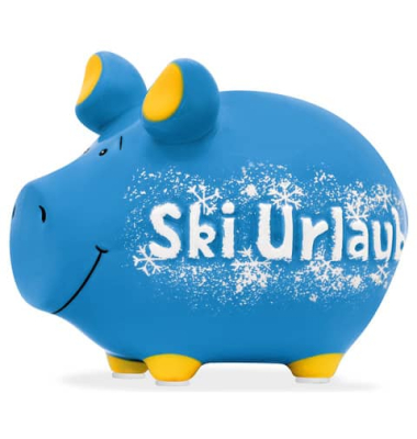 Spardose Schwein (klein) 101814 , "winterliche Design/Schriftzug Skiurlaub"