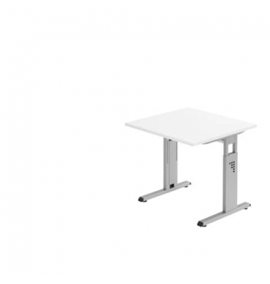Schreibtisch O-Serie, manuell h&ouml;henverstellbar, 65-85cm (H), 80x80cm (BxT), quadratisch, wei&szlig; / silber