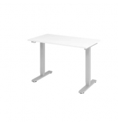 Schreibtisch, elektrisch höhenverstellbar, 71-120cm (H), 120x67cm (BxT), rechteckig, weiß / silber