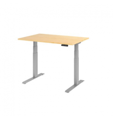 Sitz-Steh-Schreibtisch Basic, elektrisch h&ouml;henverstellbar, 64-129cm (H), 120x80cm (BxT), rechteckig, ahorn / silber