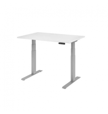 Schreibtisch, elektrisch höhenverstellbar, 64-129cm (H), 120x80cm (BxT), rechteckig, weiß / silber