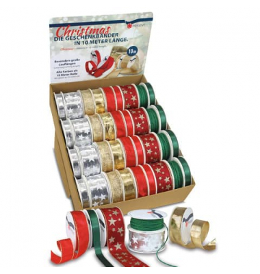 Zierband 1210-100, uni und Sterne, verschiedene x verschiedene, bordo/rot/gr&uuml;n/gold/silber sortiert