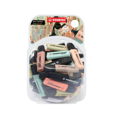Textmarker STABILO BOSS ORIGINAL NatureCOLORS Bonbonglas, 70/60-2-1, Display, 7-farbig sortiert, 2-5mm Keilspitze