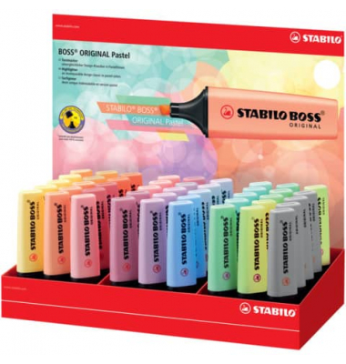 Textmarker STABILO BOSS ORIGINAL Pastel Display, 70/45-4, Display, 14-farbig sortiert, 2-5mm Keilspitze