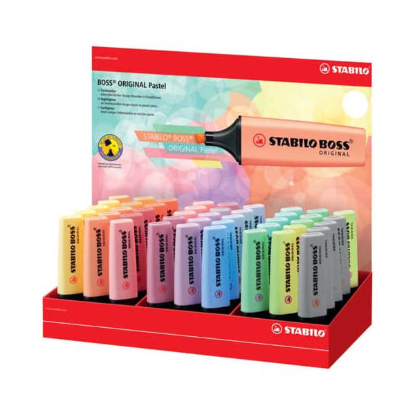 45 Stück Stabilo Textmarker STABILO BOSS ORIGINAL Pastel Display, 70/45-4, Display, 14-farbig sortiert, 2-5mm Keilspitze  Stabilo