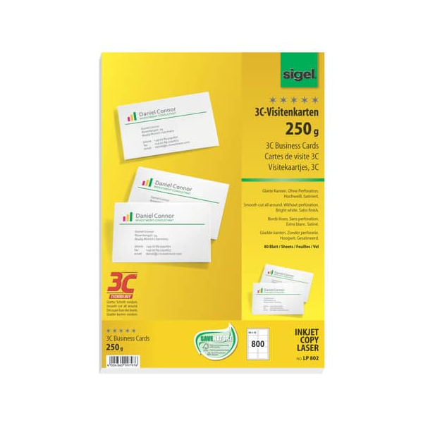 Sigel PC Visitenkarten glatter Schnitt hochweiß 85x55mm 250g 800 Stück 4004360997976 Sigel 800 Stück