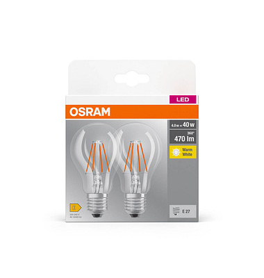 2 OSRAM LED-Lampen Base CLASSIC A40 Multipack E27 4 W klar