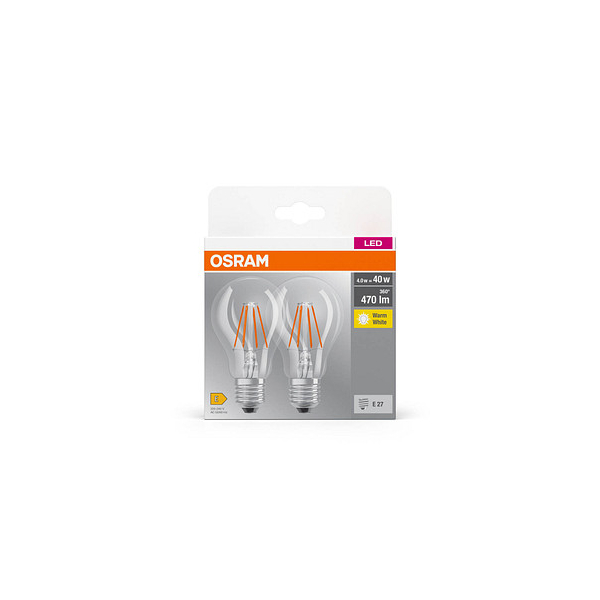 4099854090202 - OSRAM BASE CLASSIC A FIL 40 LED-Lampe mit Sockel E27 klassische Kolbenform Doppelpack 4W 470lm 2700K warmweißes Licht geringe 4099854090202 - OSRAM BASE CLASSIC A FIL 40 LED-Lampe mit Sockel E27 klassische Kolbenform Doppelpack 4W 470lm 2700K warmweißes Licht geringe