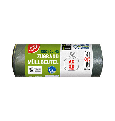 Müllbeutel 2572867001 Recycling, schwarz, 60 Liter, mit Zugband Müllbeutel 2572867001 Recycling, schwarz, 60 Liter, mit Zugband