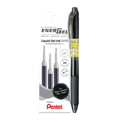 3er Set EnerGel Minen LR7, schwarz plus 1 Stift BL107 schwarz, gratis