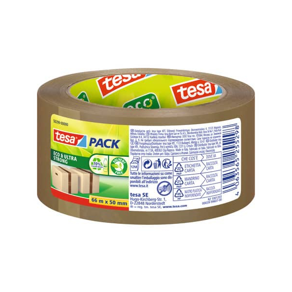 4063565255298 - Packband tesapack® Eco & Ultra Strong EcoLogo® 58297 extrastarke Haftkraft für Pakete bis 30 kg reißfest UV-beständig 90 % PCR-PET braun L 66 m x B 50 mm