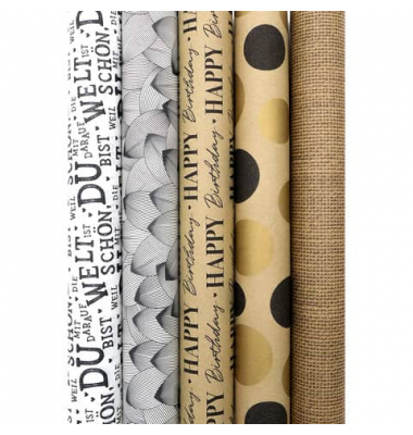 Geschenkpapier 1330-24361, sortiert (5 Motive), 70cm x 2m, farbig sortiert