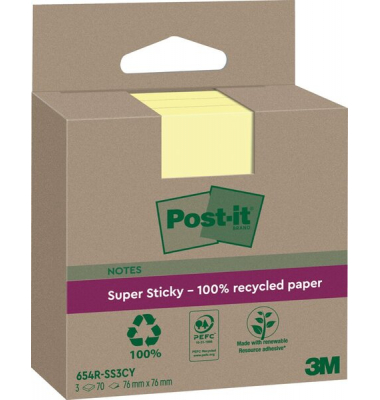Haftnotizen 654 RSS3CY, 100% Recycling Notes, 76x76mm, gelb, quadratisch
