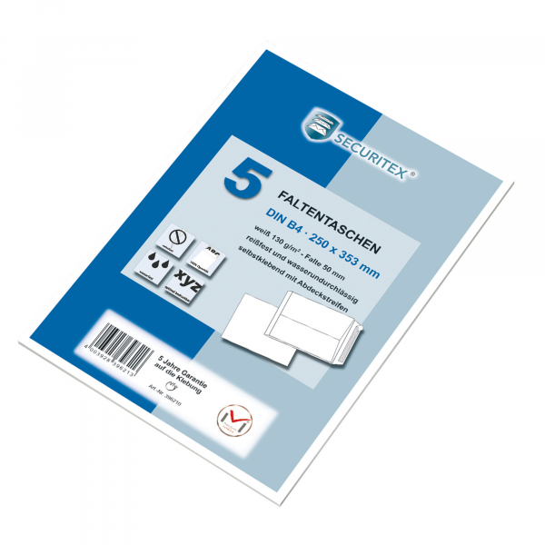 4003928396213 - Faltentaschen Securitex 30002547 B4 ohne Fenster haftklebend 50mm-Falte reißfest wasserfest 130g weiß 4003928396213 Mail 5 Stück