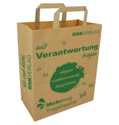 Papiertragetasche bedruckt, mit Innenflachhenkel, Kraftpapier 90g/m&sup2;, Ma&szlig;e (BxHxT): 320 x 150 x 430 mm, 407100, au&szlig;en 32x43x15cm