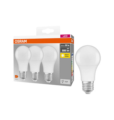 3 OSRAM LED-Lampen Base CLASSIC A60 Multipack E27 8,5 W matt