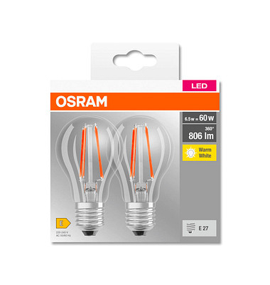 2 OSRAM LED-Lampen Base CLASSIC A60 Multipack E27 6 W klar