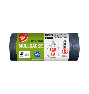Müllbeutel 657827007 Recycling, schwarz, 120 Liter, mit Zugband Müllbeutel 657827007 Recycling, schwarz, 120 Liter, mit Zugband