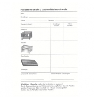 Palettenkontrollschein, 4-teilig, selbstdurchschreibend, DIN A5, 25 Satz  Palettenkontrollschein Palettenkontrollschein
