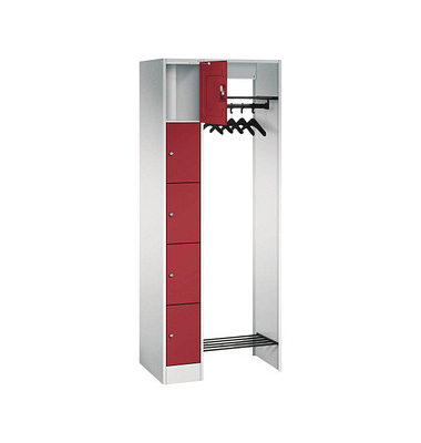 Garderobe mit Schließfächern lichtgrau, rubinrot 80700-00 S10007, 5 Schließfächer 74,0 x 48,0 x 195,0 cm