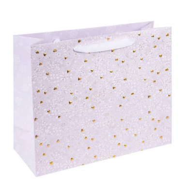 Geschenktasche 46 036 Finamente lilac, allgemein, Schleifenband mit Karte, Goldprägung, weiße Blüten/goldene Herzen, 270mm x 330