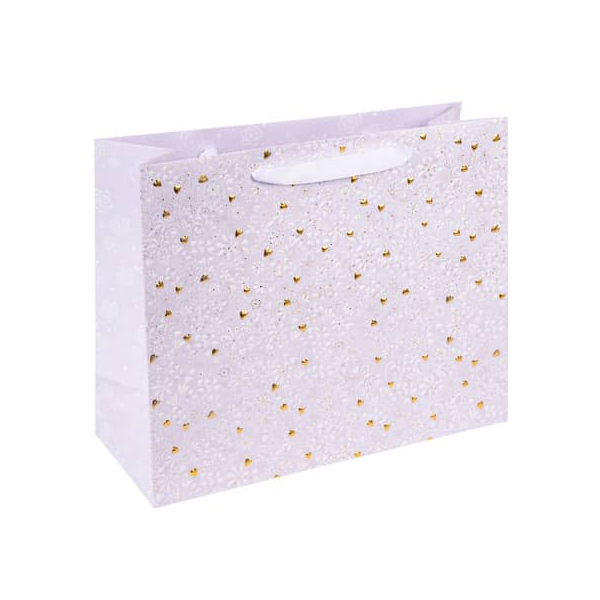 12 Stück TURNOWSKY Geschenktasche 46 036 Finamente lilac, allgemein, Schleifenband mit Karte, Goldprägung, weiße Blüten/goldene Herzen, 270mm x 330