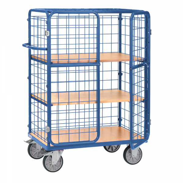 4017976392301 - Gitterwagen Fetra 8481-3DE bis 600 kg abschließbare Flügeltür mit Dach 3 Etagen mit Holzwerkstoffböden Ladefläche L 1000 x B 600 mm TPE-Bereifung