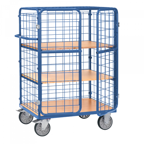 4017976392318 - Gitterwagen Fetra 8482-3DE bis 600 kg abschließbare Flügeltür mit Dach 3 Etagen mit Holzwerkstoffböden Ladefläche L 1000 x B 700 mm TPE-Bereifung