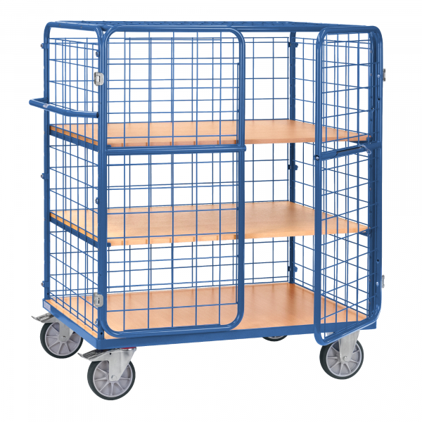 4017976392325 - Gitterwagen Fetra 8483-3DE bis 600 kg abschließbare Flügeltür mit Dach 3 Etagen mit Holzwerkstoffböden Ladefläche L 1200 x B 800 mm TPE-Bereifung