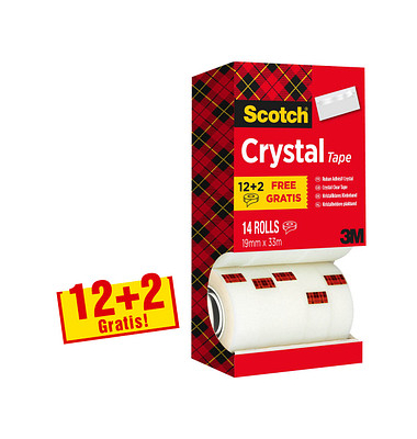 12 + 2 GRATIS: Scotch Crystal Klebefilm kristall-klar 19,0 mm x 33,0 m + GRATIS