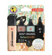 Textmarker STABILO BOSS ORIGINAL NatureCOLORS, EO70/4-2-5, Etui, 4-farbig sortiert, 2-5mm Keilspitze