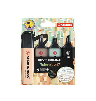 Textmarker STABILO BOSS ORIGINAL NatureCOLORS, EO70/4-2-5, Etui, 4-farbig sortiert, 2-5mm Keilspitze