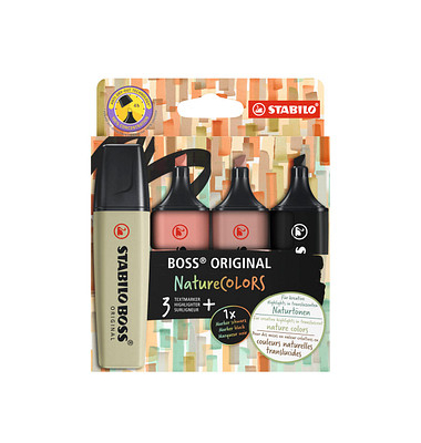 Textmarker STABILO BOSS ORIGINAL NatureCOLORS, EO70/4-2-3, Etui, 4-farbig sortiert, 2-5mm Keilspitze