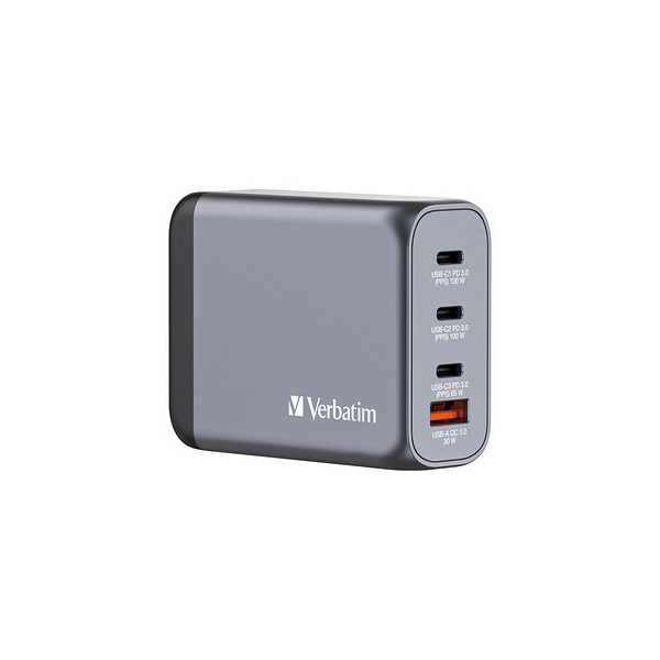 0023942322023 - 1xUSB-A QC 3xUSB-C PD Retail Universal Verbatim Ladeadapter grau GNC 100W 1xUSB-A QC 3xUSB-C PD Retail Universal 0023942322023