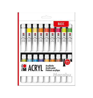 18 Marabu Basic Acrylfarben farbsortiert 18 x 12,0 ml