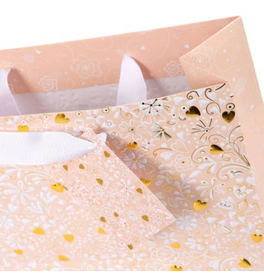 Geschenktasche 46 034  Finamente rose, allgemein, Schleifenband mit Karte, Goldprägung, weiße Blüten/goldene Herzen, 180mm x 250
