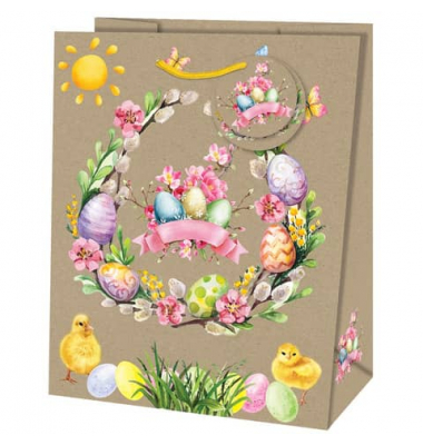Geschenktasche 22408 TL, Ostern, Kordelband mit Geschenkanhänger, Osterkranz, 26,7cm x 33cm