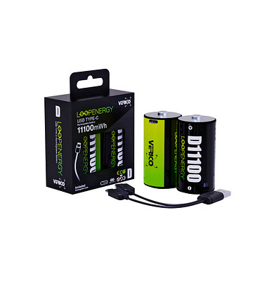 2 VERICO Akkus mit Ladegerät LoopEnergy Mono D Mono D