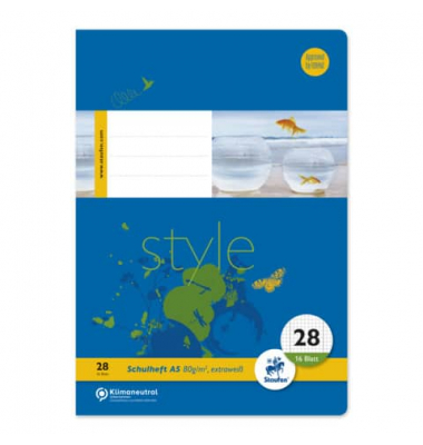 Schulheft 040516028 Style, Lineatur 28 / kariert, A5, 80g, blau, 16 Blatt / 32 Seiten