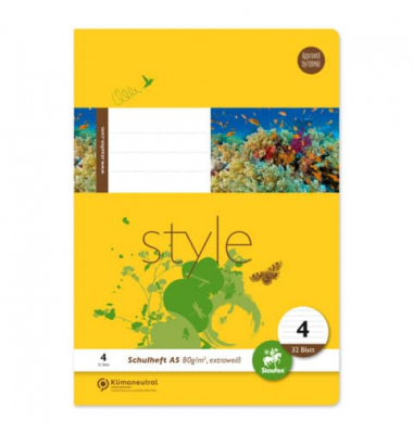 Schulheft 040532004 Style, Lineatur 4 / Lineatur 4, A5, 80g, gelb, 32 Blatt / 64 Seiten