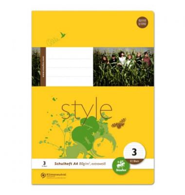 Schulheft 040432003 Style, Lineatur 3 / liniert, A4, 80g, gelb, 32 Blatt / 64 Seiten
