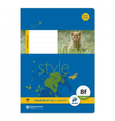 Schulheft 040516008 Style, Lineatur 8f / kariert, A5, 80g, blau, 16 Blatt / 32 Seiten